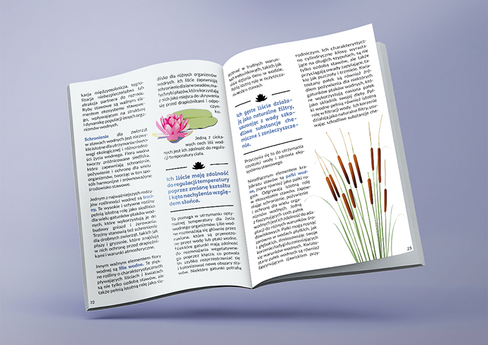 Mockup trzeciej rozkładówki artykułu pt. ,,Tajemniczy Świat Stawów: Bogactwo Fauny i Flory,,