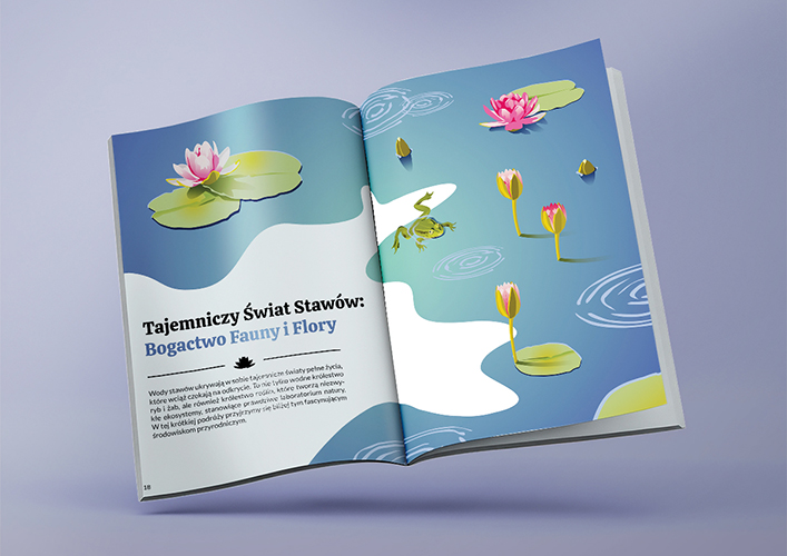 Mockup pierwszej rozkładówki artykułu pt. ,,Tajemniczy Świat Stawów: Bogactwo Fauny i Flory,,